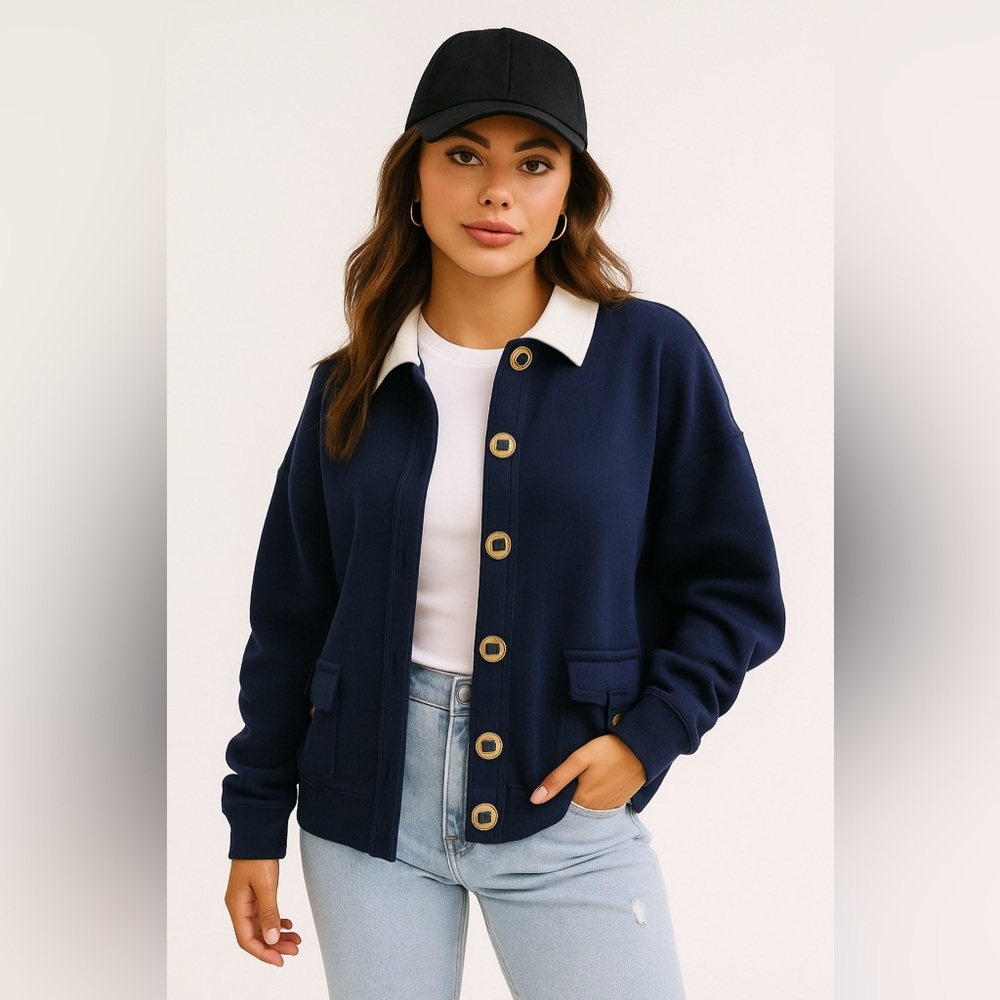Lauren Ralph Lauren Vintage Cardigan Jacket Navy White Collar Gold Logo Buttons - Picture 2 of 11
